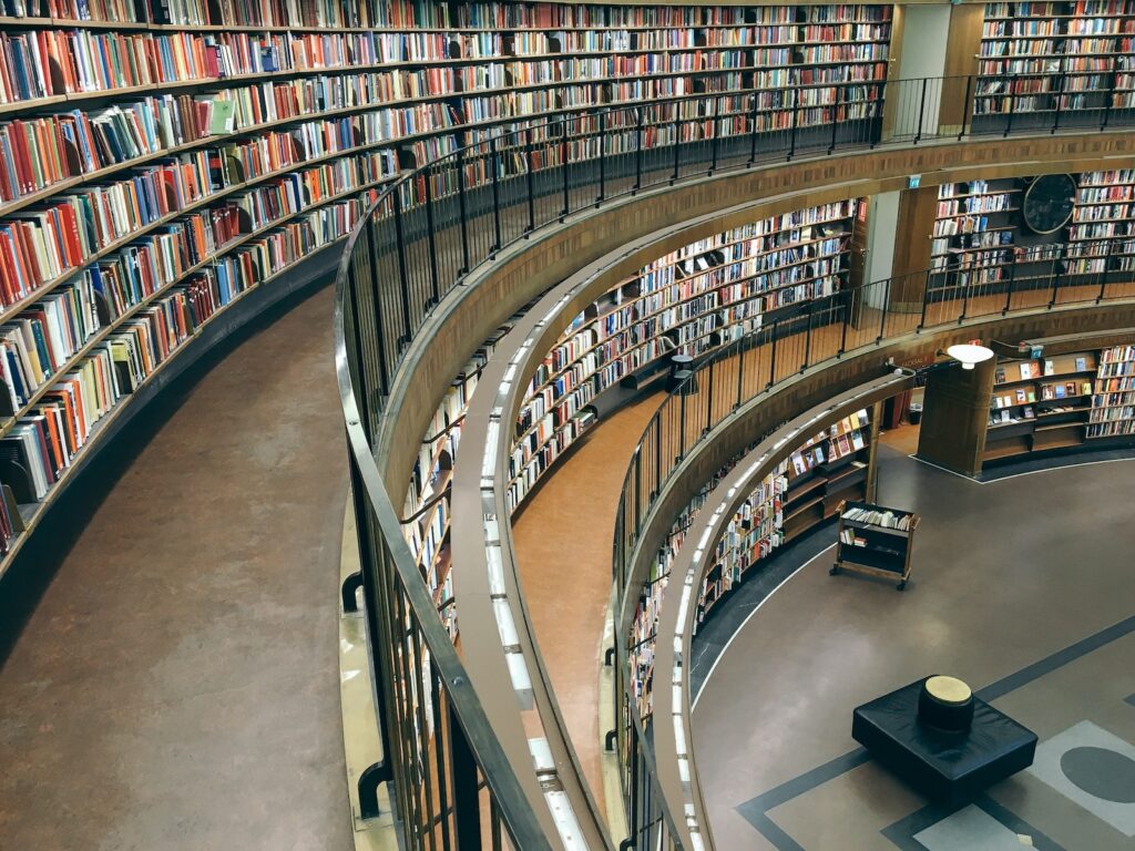 three-storey library building with lots of books